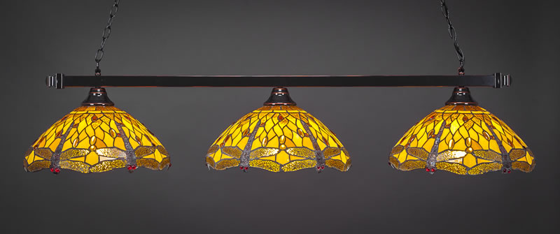 Square 3 Light Bar Shown In Black Copper Finish With 16" Amber Dragonfly Art Glass