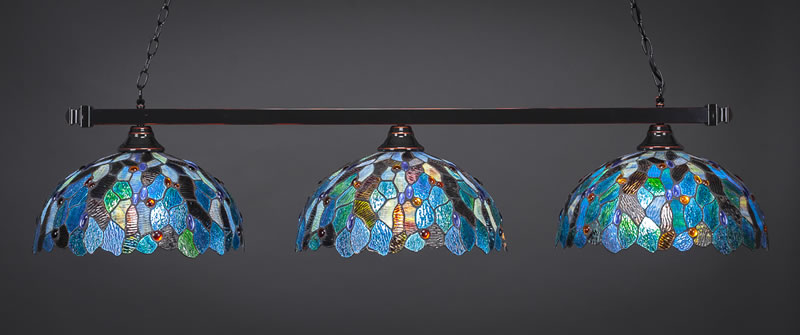 Square 3 Light Bar Shown In Black Copper Finish With 16" Blue Mosaic Art Glass