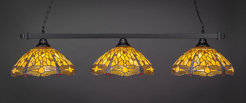 Square 3 Light Bar Shown In Matte Black Finish With 16" Amber Dragonfly Art Glass