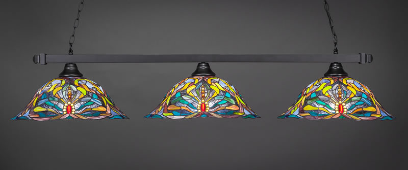 Square 3 Light Bar Shown In Matte Black Finish With 19" Kaleidoscope Art Glass