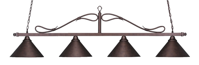 Scroll 4 Light Bar Shown In Bronze Finish With 14"  Bronze Cone Metal Shades